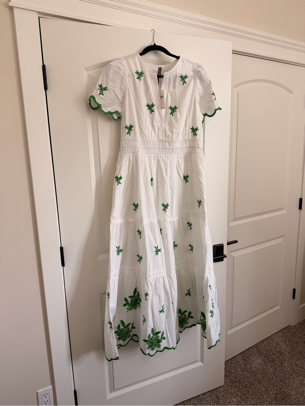 Anthropologie Somerset White Maxi Dress with Green Floral Embroidery